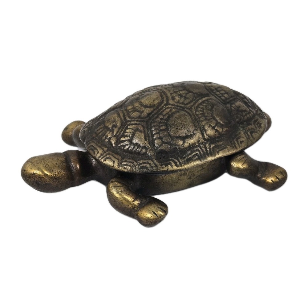 Antique Solid Brass‎ Turtle Tortoise Hinged Trinket Box Etched Shell Patina 4.5"
